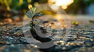 green seedling tree growing out of pavement concrete crack