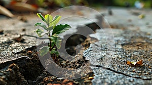 green seedling tree growing out of pavement concrete crack