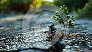 green seedling tree growing out of pavement concrete crack