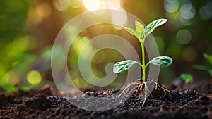 green seedling young plant growing in rich soil with sunlight