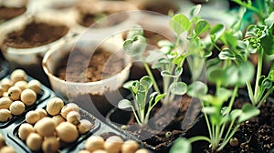 Green seedlings in peat pots. Selective focus. nature.