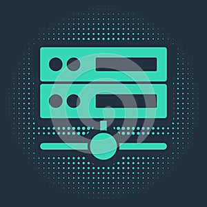 Green Server, Data, Web Hosting icon isolated on blue background. Abstract circle random dots. Vector