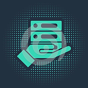 Green Server, Data, Web Hosting icon isolated on blue background. Abstract circle random dots. Vector Illustration
