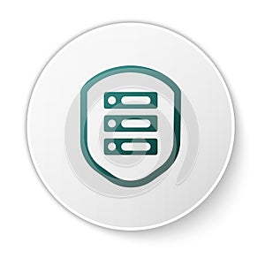 Green Server with shield icon isolated on white background. Protection against attacks. Network firewall, router, switch