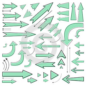 Green set of illustrations of hand drawn arrows of different lengths and widths.