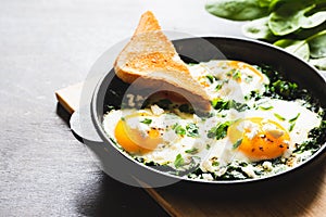 Green shakshuka in a cast iron skillet. fried eggs with spinach and fried toast. healthy nutritious breakfast