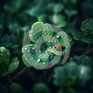 Green shamrock clover leaves with ladybug close-up natural background green St. Patrick's day