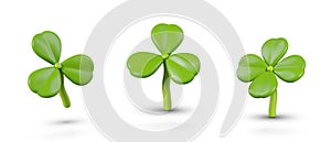 Green shamrock and four leaf clover in different positions. Vector plant in plasticine style