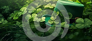 Green shamrock lucky top hat as St Patrick's day symbol and luck icon of Irish tradition with magical four leaf