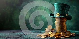 Green shamrock lucky top hat as St Patrick\'s day symbol and luck icon of Irish tradition with stack of gold coins