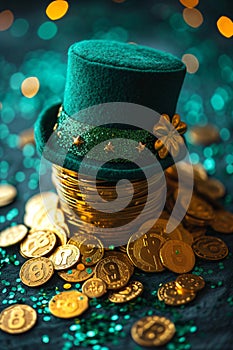 Green shamrock lucky top hat as St Patrick\'s day symbol and luck icon of Irish tradition with stack of gold coins