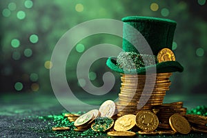 Green shamrock lucky top hat as St Patrick\'s day symbol and luck icon of Irish tradition with stack of gold coins