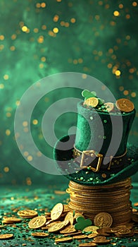 Green shamrock lucky top hat as St Patrick\'s day symbol and luck icon of Irish tradition with stack of gold coins