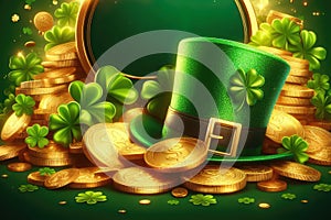 Green shamrock lucky top hat and golden coins as St Patrick's day symbol and luck icon Irish