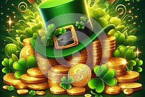 Green shamrock lucky top hat and golden coins as St Patrick's day symbol and luck icon Irish