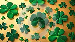 Green shamrocks scattered across a golden background with glow photo