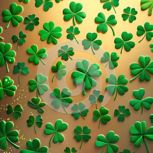 Green shamrocks scattered across a golden background with glow photo