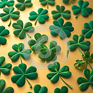 Green shamrocks scattered across a golden background with glow photo