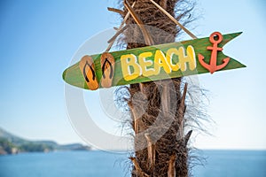 Green shaped sign with the word 'BEACH' pointing the way, tied to a palm tree