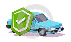 Green Shield With Check Mark Beside Blue Automobile. Car Insurance Concept