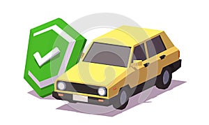 Green Shield With Check Mark Beside Yellow Automobile. Car Insurance Concept