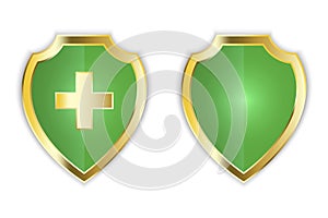 Green shield with cross and blank. Protection symbol. Shield check mark icon vector illustration. Stock image