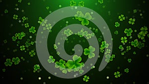 Green Shiny Three And Four Leaf Clover Flying In The Air With Small Hexagon Bokeh Glitter Sparkle