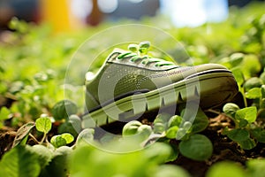 A green shoe lies on green young sprouts, blurred background. Environment conservation concept. Generated by artificial