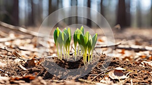 Green shoots sprouting from the forest floor as a sign of early spring