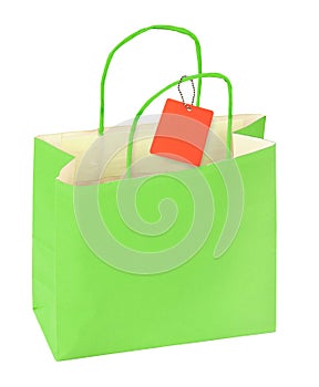 Green shopping bag and blank price tag