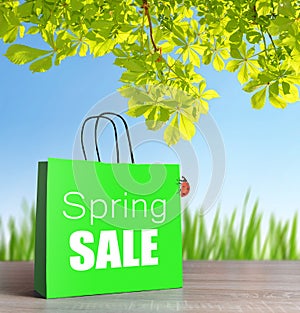 Green shopping bag with spring sale word.