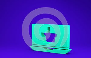 Green Shopping basket on screen laptop icon isolated on blue background. Concept e-commerce, e-business, online business