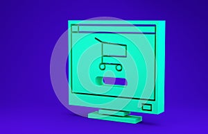 Green Shopping cart on screen computer icon isolated on blue background. Concept e-commerce, e-business, online business