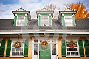 green shutters on dormer windows atop a colonial revival home