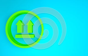 Green This side up icon isolated on blue background. Two arrows indicating top side of packaging. Cargo handled