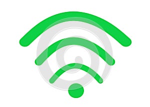 The green signal strength symbol icon for wifi used in computers and desktops white backdrop