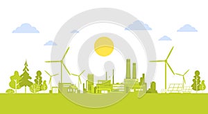 Green Silhouette City With Wind Turbine Clean Nature Ecology Environment Concept
