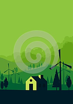 Green silhouette nature landscape with rural scenery abstract ba