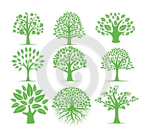 green silhouette tree vector logo design set