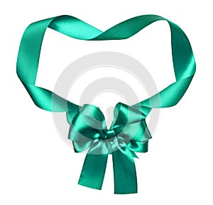 Green silk bow and ribbon decoration object on white as frame
