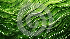 Green silk fabric texture with wave patterns. Realistic textile close-up
