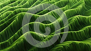 Green silk fabric texture with wave patterns. Realistic textile close-up