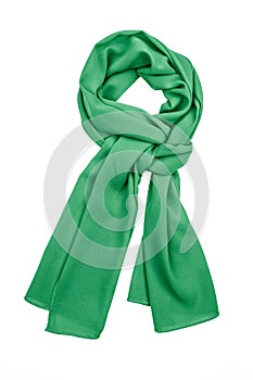 Green silk scarf isolated on white background.