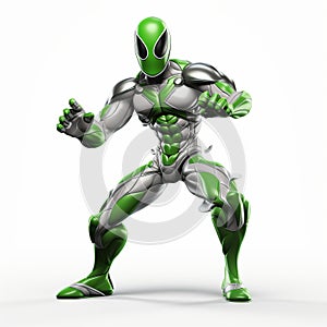 Green And Silver 3d Snake Superhero: Polished Metamorphosis With Strong Line Work