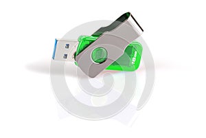 Green and silver USB 3.0 flash drive isolated on white background . USB Pen Drive or flash drive on white background. Close-up.