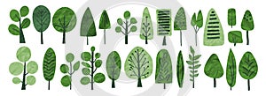Green simple bush tree textured flat vector illustration. Set of garden green shrubbery plant isolated on white