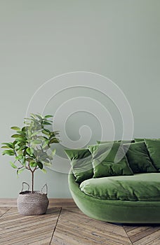 Green simple sofa in modern interior style, rattan basket on empty green wall photo