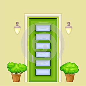 Green Single Door Facade Decorated with Green Bushes in Cachepot and Light Vector Illustration