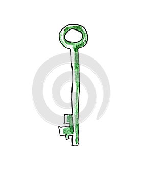 Green single-sided key with a hole on top drawn in the style of a watercolor sketch on a white background isolated