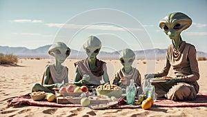 A green skinned alien family enjoying a picnic in the desert landscape. Ideal for extraterrestrial themes, science fiction, family